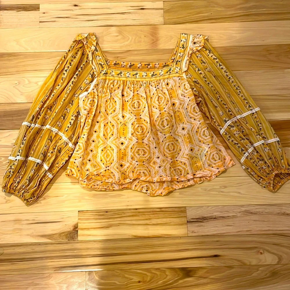 Free people blouse yellow mustard sheer xs square neck - Picture 3 of 7